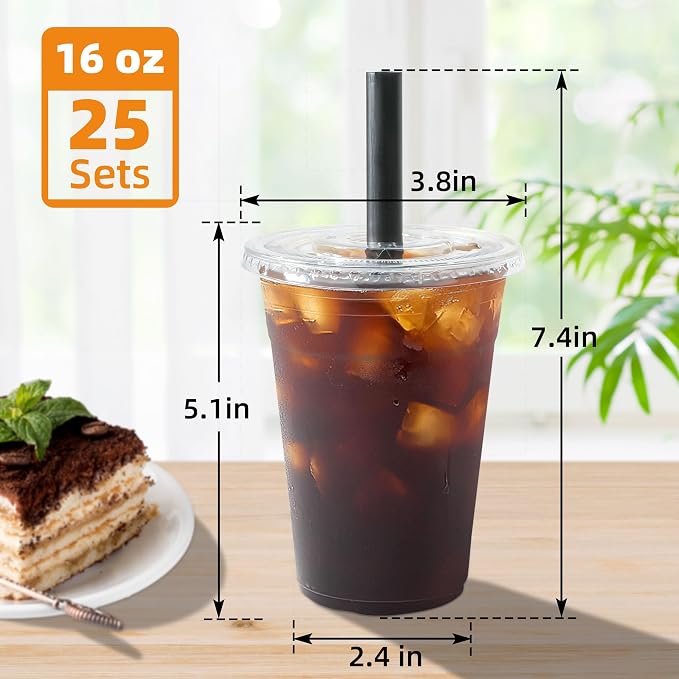 lucdnc 16oz Disposable Clear Plastic Cups with Lids & Straws | 25 Sets, Party Drinking Cups for Milkshakes, Cold Coffee, Smoothies - Image 2