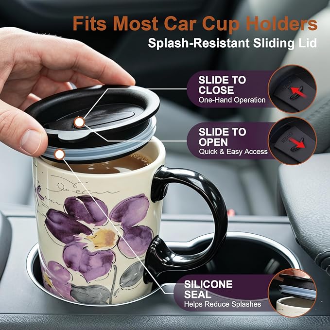 Topadorn Set of 2 Ceramic Travel Mugs with Lids, 17oz Coffee Mug Set | Vintage Café & Floral Artwork • 17oz Capacity • Comfortable Handles • Microwave & Dishwasher Safe • Gift Box Included - Image 3