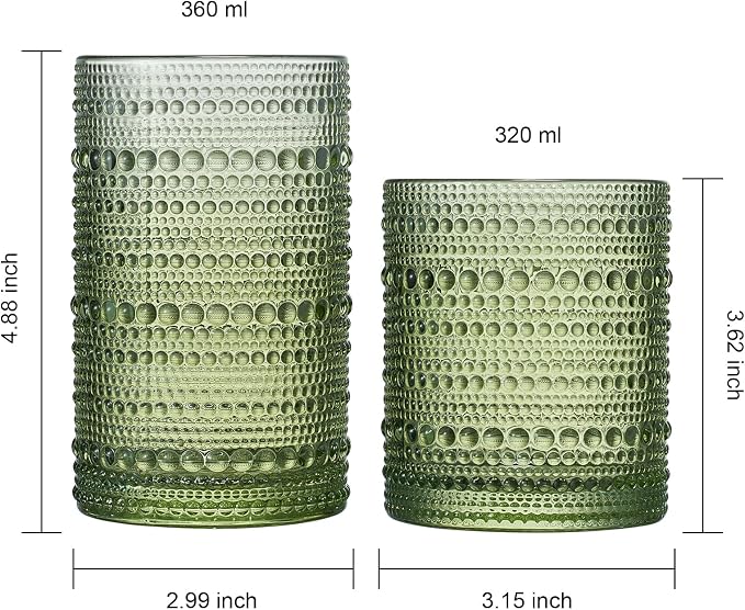 Khen Hobnail Beaded Highball Drinking Tumbler Glasses | Set of 12 | Color, Vintage Bubble Design Whiskey Glassware, Old-Fashioned, Embossed Design for Water Wine, Cocktail Embossed Heavy Glass (Green) - Image 4