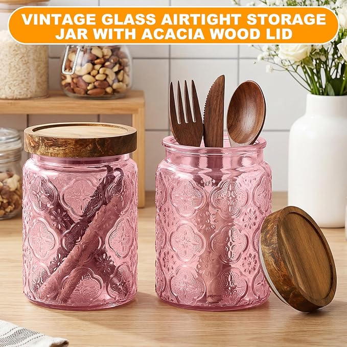 LemonRoad 4 Pcs Vintage Pink Glass Storage Jars 23.7 oz Mason Jar Canister with Wood Lids Food Storage Container for Cookie, Pantry, Candy Kitchen, Coffee, Tea, Flour, Sugar, Decorative Home Decor - Image 4