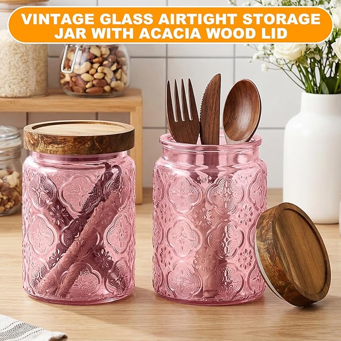 LemonRoad 2 Pcs Vintage Pink Glass Storage Jars 23.7 oz Mason Jar Canister with Wood Lids Food Storage Container for Cookie, Pantry, Candy Kitchen, Coffee, Tea, Flour, Sugar, Decorative Home Decor - Image 4