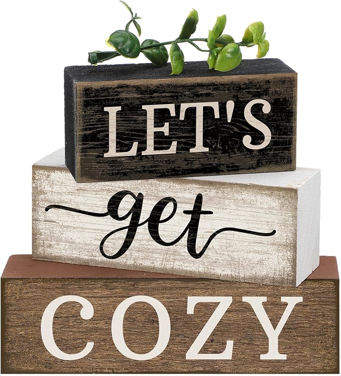 Moucuny 4 Pcs Farmhouse Table Decor Inspirational Wooden Signs Rustic Eucalyptus Leaves Wooden Block Sign Gift Let's Get Cozy Farmhouse Table Centerpiece for Living Room Housewarming Gift by Moucuny