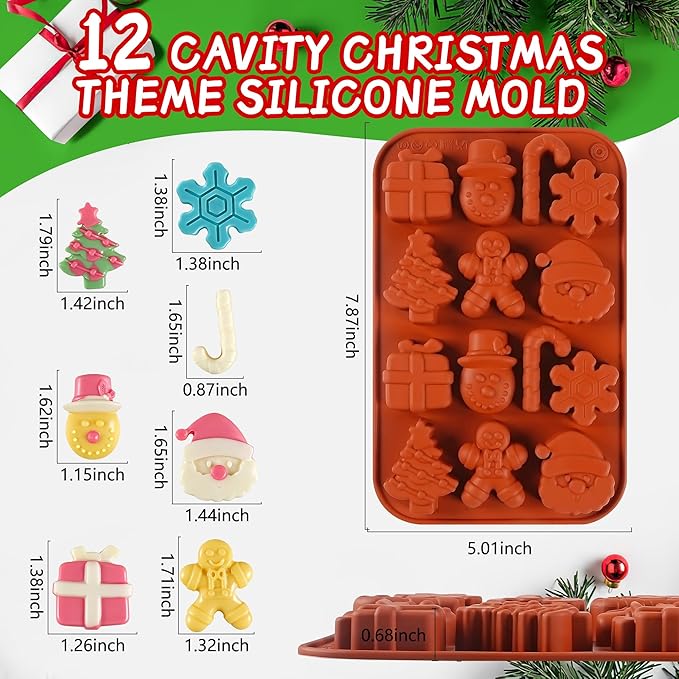 4Pcs Christmas Chocolate Molds, 14-Cavity Silicone Candy Baking Molds Snowflake Cane Snowman Santa Claus Christmas Trees Gingerbread Man Gift Box Shape Mold for Candies, Ice Cubes, Wax Melts