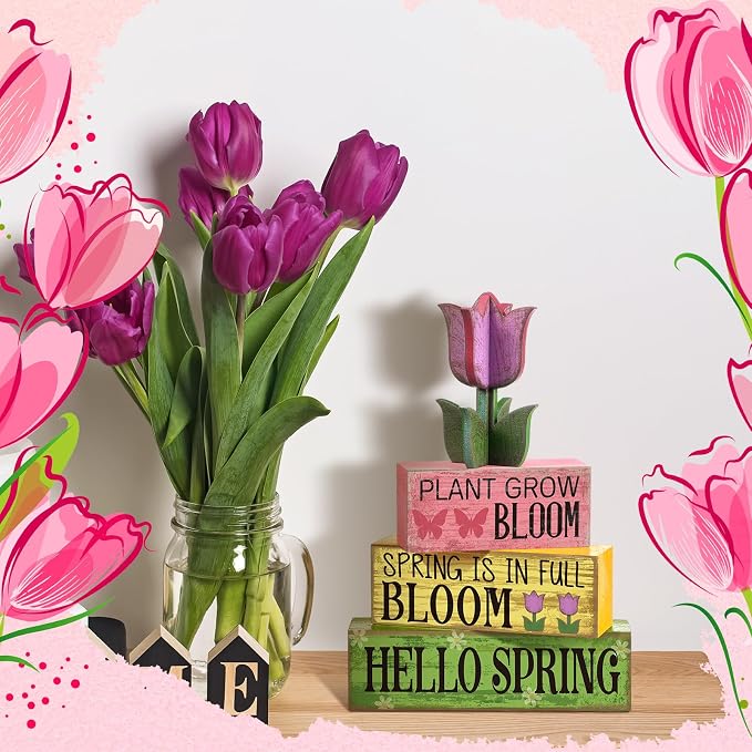 Moucuny 4 Pcs Spring Table Decoration Wooden Stacked Block Decor with Tulip Topper Spring Easter Tiered Tray Decor Platel Flower Table Centerpieces for Easter Party, Living Room, Kitchen - Image 4