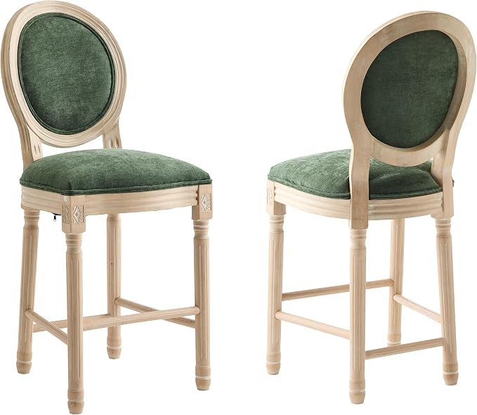 French Country Barstool, Linen Farmhouse Counter Height Chair | Set of 2, with Cushion Round Back and Solid Wood Legs, Oval Chairs for Restaurant, Bar, Kitchen, Café, Green by RCDDFurniture