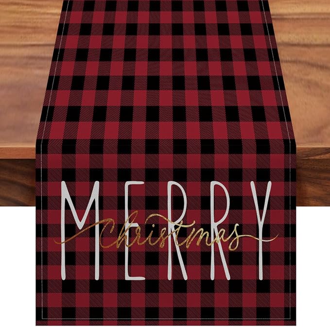 ONWAY Christmas Buffalo Plaid Red Black Table Runner Gold Winter Holiday Xmas Kitchen Dining Farmhouse Table Decor for Indoor Outdoor Home Party Decorations 13x72 Inch by ONWAY