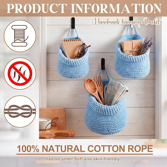 Honeydak Boho Decor Hanging Wall Baskets for Kitchen 3 Pack Teardrop Baskets with Hooks Storage Fruit Onion Vegetable Potato for Home(Light Blue,Barrel,Cotton Rope) - Image 3
