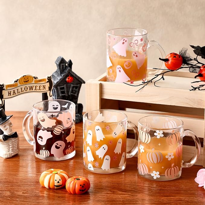Tioncy 4 Pcs Halloween Ghost Coffee Mugs 12 oz Ghost Glass Cups with Handle Spooky Coffee Cup Pink Mug Cute Gifts Drinking Containers for Halloween Holiday Party Drinkware Accessories - Image 2