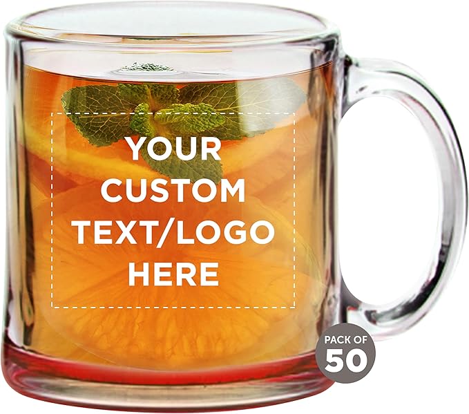 Custom Libbey Clear Glass Coffee Mugs 13 oz. Set of 50, Personalized Bulk Pack - Perfect for Coffee, Tea, Espresso, Hot Cocoa, Other Beverages - Red Bottom