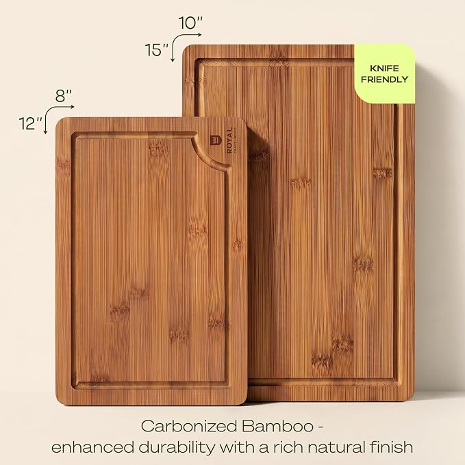 ROYAL CRAFT WOOD Wooden Cutting Boards for Kitchen Meal Prep & Serving - Bamboo Non Toxic Cutting Board Set with Deep Juice Groove Side Handles - Charcuterie & Chopping Butcher Block for Meat (2 Pcs) - Image 4