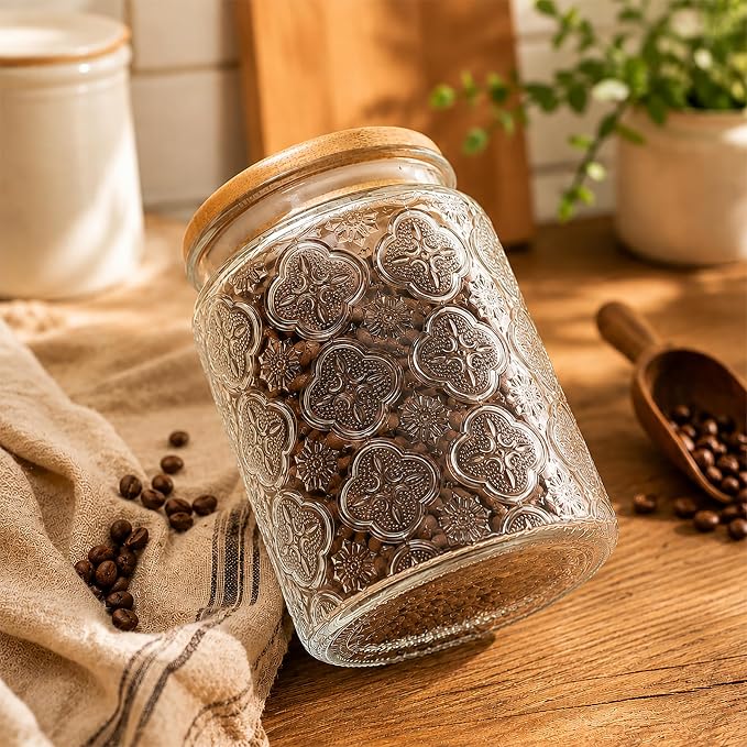 Glass Storage Jars With Airtight Lid, 23.7oz Canister For Kitchen Counter with Bamboo Lid, brown sugar, candy, coffee, cookie, salt, tea,pantry cute Jar (Begonia Flowers*1) - Image 9