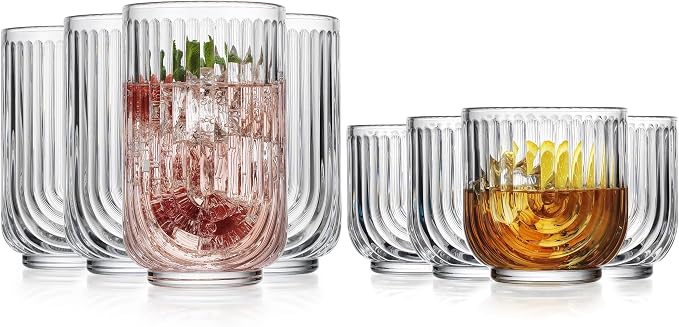Glaver's 8-Piece Drinking Glass Set, Art Deco Ribbed Arch Glassware, Clear U-Shape Design, 17oz Highball and 11oz DOF Glasses Kitchen Glasses - Image 6