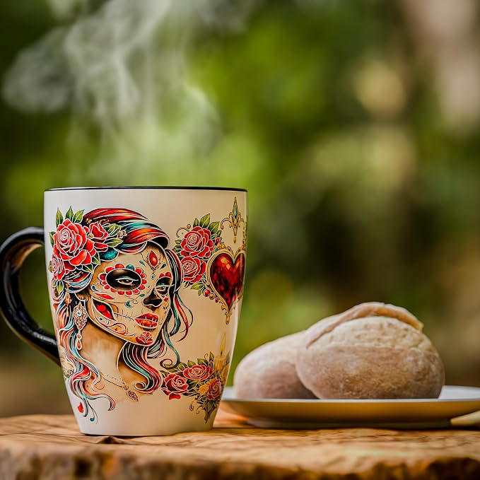 Color Changing Sugar Skull Coffee Mug 12oz – Heat Sensitive Ceramic Cup with Day of the Dead Skull & Floral Design, Gothic Halloween Theme Mug, Unique Christmas Holiday Birthday Gift for Men & Women - Image 3