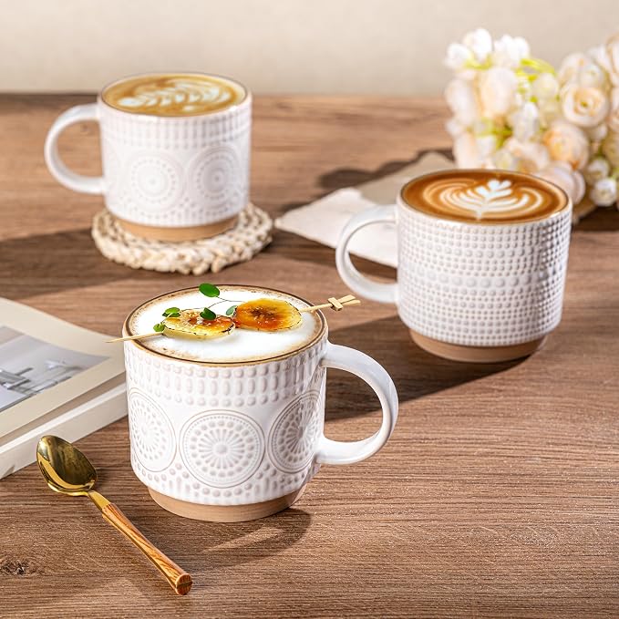 GBhome 12OZ Stackable Coffee Mugs, Ceramic Coffee Mugs with Texture Patterns for Man,Woman,Dad,Mom, Modern Coffee Mugs Set of 4 for Latte/Cappuccino/Cocoa. Dishwasher&Microwave Safe - Image 5