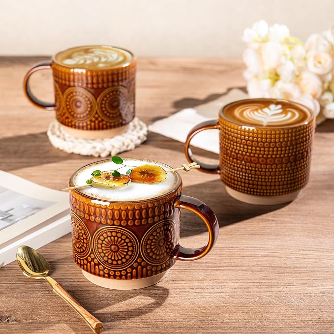 GBhome 12OZ Stackable Coffee Mugs, Ceramic Coffee Mugs with Texture Patterns for Man,Woman,Dad,Mom, Modern Coffee Mugs Set of 4 for Latte/Cappuccino/Cocoa. Dishwasher&Microwave Safe - Image 6