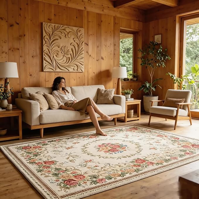 Vintage Rustic Shabby Rose Rugs Luxury Soft Elegant Traditional Rugs Floral Accent Carpet for Home Living Room/Bedroom, 5′3″ × 7′6″, Country Rose - Image 4