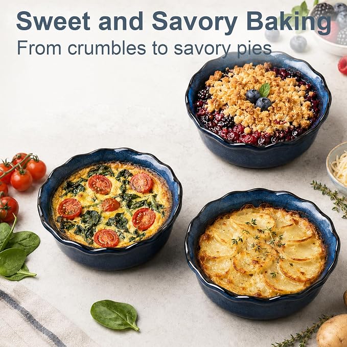 ONEMORE 6 Inch Ceramic Mini Pie Pans Set of 4, Deep Dish Pie Plates with Fluted Edges, Blue Gradient Small Baking Dishes for Pot Pies, Quiche, Tarts and Individual Desserts, Oven Safe - Image 6