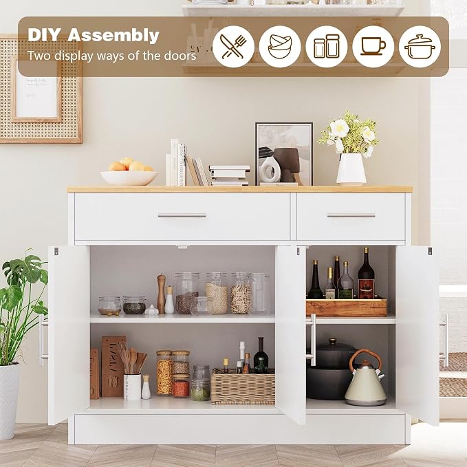 Vongrasig Buffet Cabinet with Storage, 43” Farmhouse Coffee Bar Cabinet with 3 Doors, Wood Buffet Table for Kitchen Dining Room Living Room, Off White - Image 4