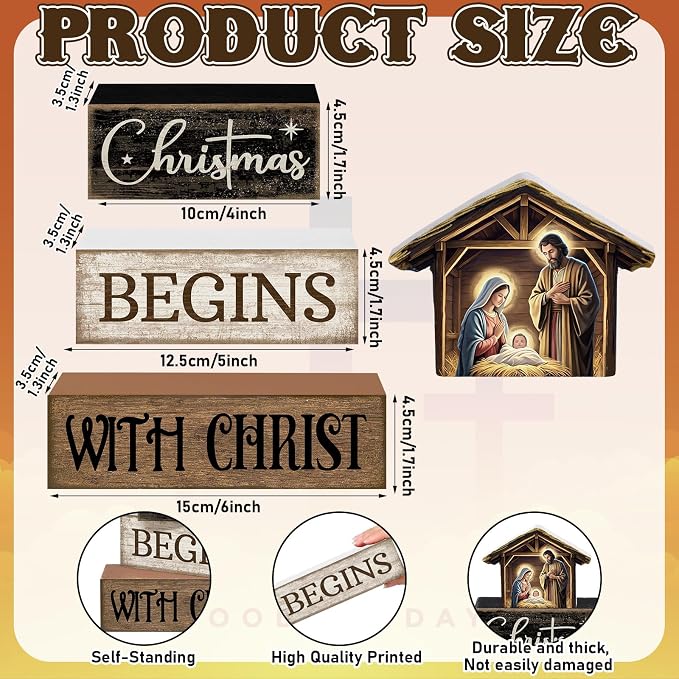 Moucuny 4 Pcs Christmas Table Decoration Christian Wooden Stacked Block Decor, Christmas Begins with Christ Signs with Nativity Scene Topper, Rustic Religious Xmas Tiered Tray Decor for Home Church - Image 3