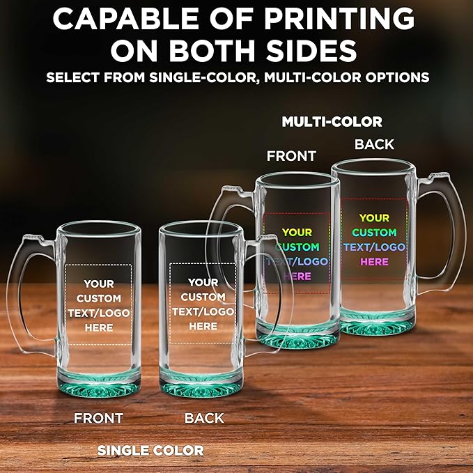 50 Libbey Beer Mugs Set, 12 oz. - Customizable Text, Logo - Groomsmen Glassware - Green