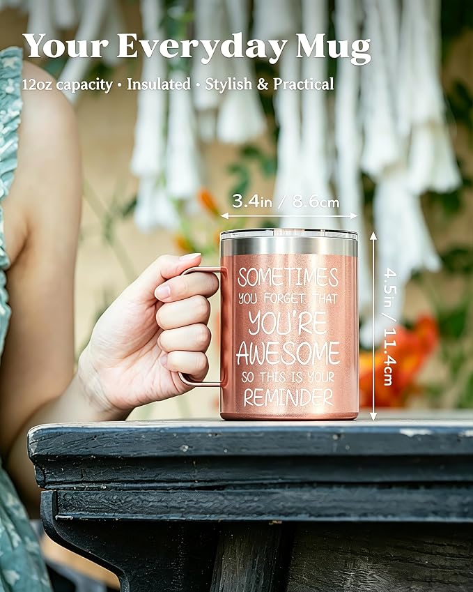 Inspirational Coffee Mug for Women, 12oz Insulated Stainless Steel Mug with Handle & 2 Lids – Sometimes You Forget You’re Awesome, Birthday & Appreciation Gift for Mom, Friend, Rose Gold - Image 2