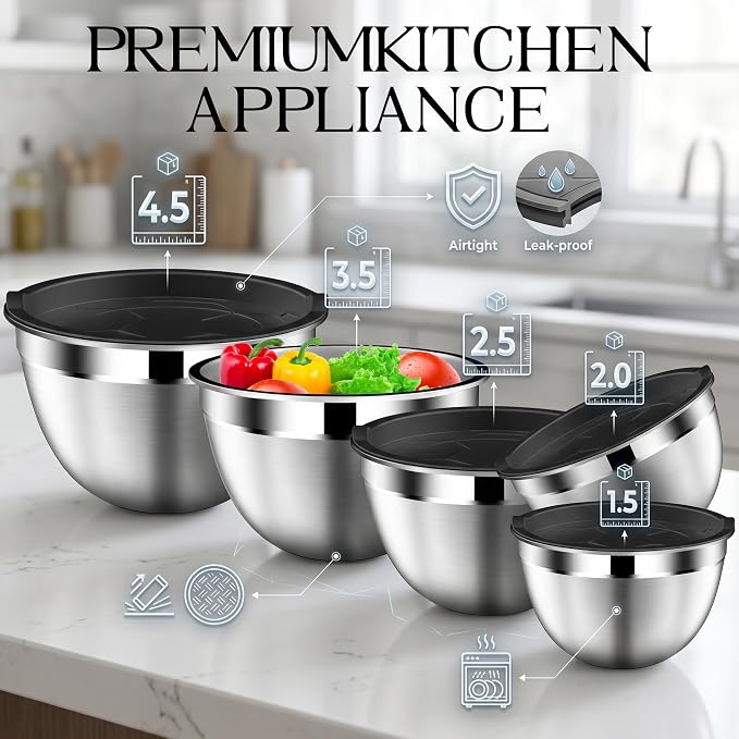 DUTZUN Stainless Steel Mixing Bowls with Airtight Lids Set of 5, Black | Kitchen Appliances Essential Gifts for Mixing, Baking, Prep, Salads, Serving, Cooking - Image 2