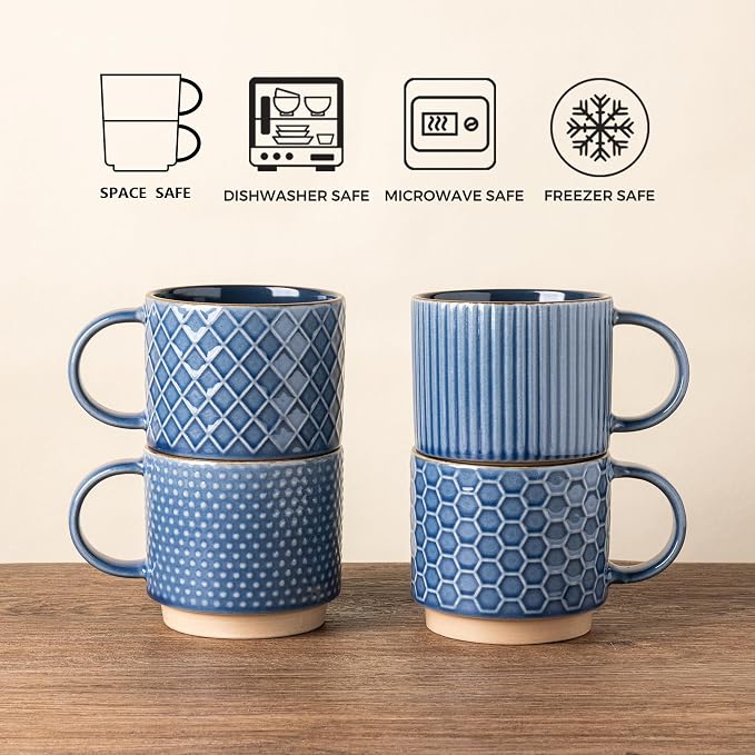 GBhome 6 OZ Stackable Coffee Mugs Set of 4, Ceramic Espresso Coffee Cups | Coffe Cups With Saucer and Stand, Dishwasher&Microwave Safe, 4 Assorted Designs - Image 7