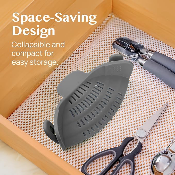 Kitchen Gizmo Snap N' Strain - Silicone Pasta Strainer Clip-On for Pots and Pans - Heat Resistant Colander for Vegetables and Noodles - Kitchen Gadgets for Cooking - Space-Saving Design - Gray - Image 5