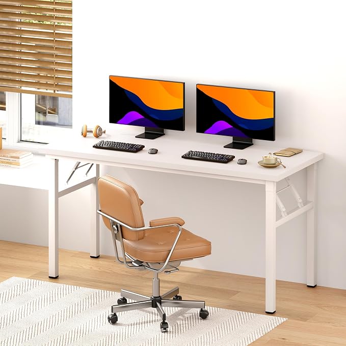 DlandHome 54.3 Inch Large Folding Computer Desk, Fully Assembled, White | Foldable Writing Table, Portable Activity Conference Table for Home Office, Wood Top Metal Frame, Collapsible Easy Storage - Image 2