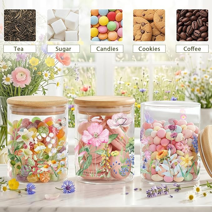 Spring Floral Glass Storage Jars with Lids, Candy Cookie Jars, 3Pcs | Wildflower Spring Canister Set for Kitchen Counter Butterfly Airtight Candy Cookie Containers for Girls - Image 6