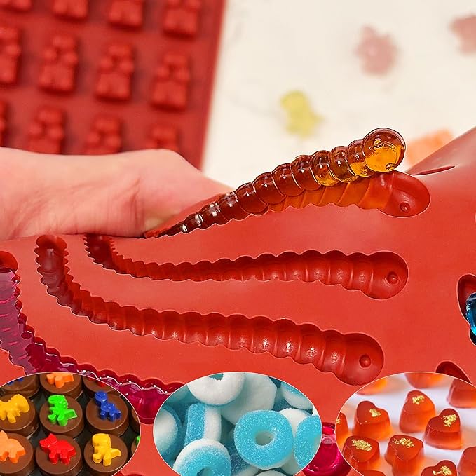 Gummy Bear Mold Silicone for Gummies Candy, 5Pcs Worm Gummy and Chocolate Molds Silicone for Kids Including Mini Bear, Dinosaur, Worm, Hearts and Mini Donut with 2 Droppers