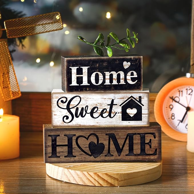 Moucuny 4 Pcs Farmhouse Wooden Tabletop Decor Farmhouse Tiered Tray Decor Rustic Eucalyptus Leaves Wood Block Sign Gift Sweet Home Centerpiece Home Table Decortion - Image 6