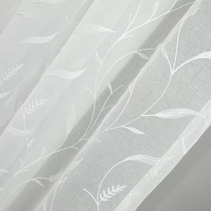 White Rod Pocket Sheer Curtains 96 inches Length Embroidered Window Curtain Sheer Voile Panels for Living Room & Bedroom, 60x96, Two Panels - Image 4