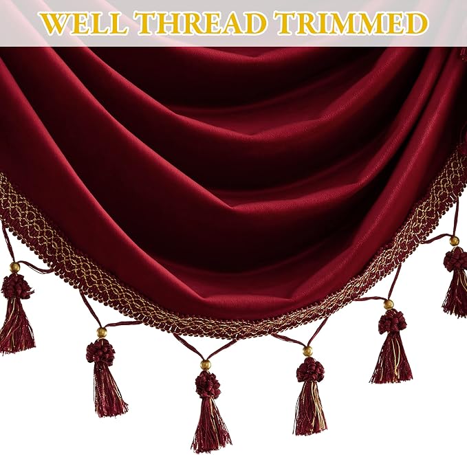Christmas Red Valance Curtains 110 inches Width, 1 Panel | Heavy Thick Light Blocking Window Drapes, Rod Pocket Waterfall Tassel Swag for Theater, Living Room - Image 3
