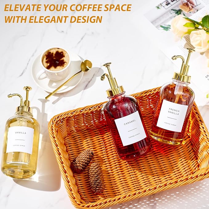 Coffee Syrup Dispenser for Coffee Bar, Glass Syrup Dispenser with Pump, Coffee Syrup Pump Dispenser Bottle, Spoon for Coffee Station, Coffee Bar Organizer, Golden,16.9 oz, 500 ml