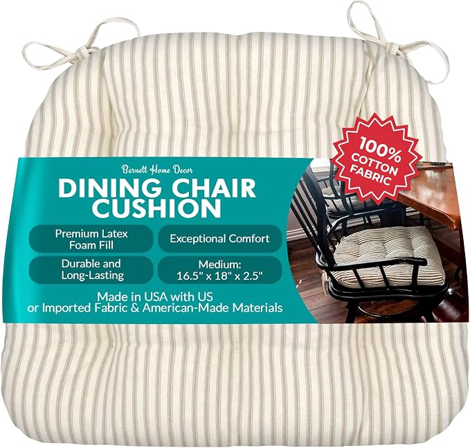 Barnett Home Decor Ticking Stripe Natural Dining Chair Pad with Ties - Medium Size 18 Chair Cushion - Latex Foam Fill - Machine Washable, Reversible, Solid Color, 100% Cotton, Made in USA by BarnettHomeDecor