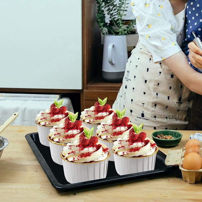 50 Pack Jumbo Cupcake Cups with Lids,LNYZQUS 5oz Foil Cupcake Muffin Liners,Disposable Ramekins Pans Muffin Tins,Large Baking Cups Cupcake Wrappers Holders -White in gold - Image 2