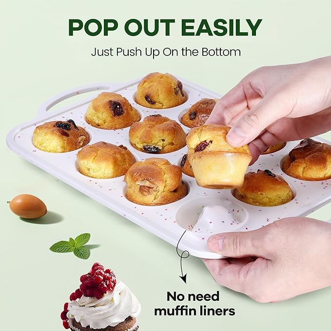 Silicone Muffin Pan with Metal Reinforced Frame - Non-Stick 12 Cups Muffin Pan for Homemade Making Muffin Cakes, Tart, Bread, Oven and Dishwasher Safe - Cream with Rainbow Dots Set of 2