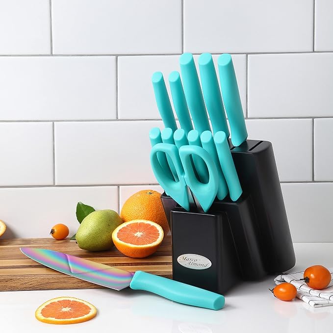 Marco Almond Knife Block Set 14PC Rainbow Kitchen Knives Set | Forged Stainless Steel,Razor Sharp,Anti-Rust,Restaurant Grade,Ergonomic Handle,Full Tang,Restaurant Grade,Gift Box - Image 8