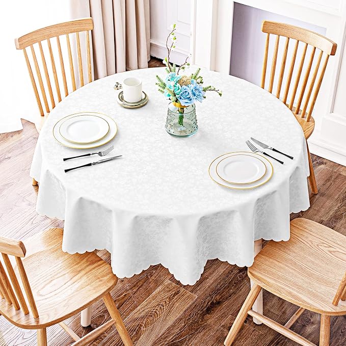 Smiry Round Waterproof Heavy Duty Vinyl Tablecloths, 70 x 70 Inch | Wipeable Washable Floral Embossed Table Cover for Kitchen and Dining Room, Indoor & Outdoor Use, White - Image 2