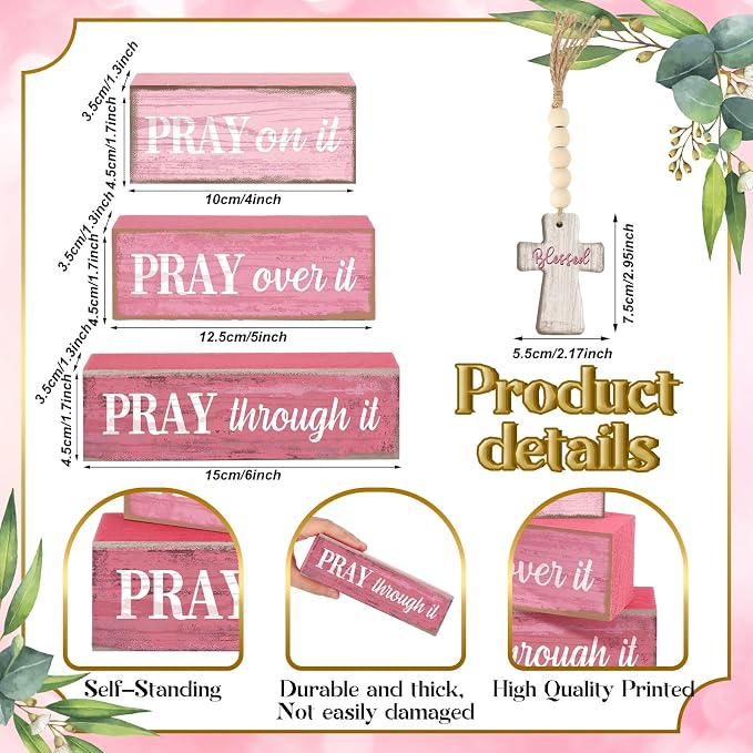 Moucuny 4 Pcs Pink Christian Table Decor Cross Wooden Bible Verse Sign Religious Pink Pray Block Signs Gifts with Beaded Garland Tassel Artificial Plant Farmhouse Christian Home Decor for Office Shelf - Image 3