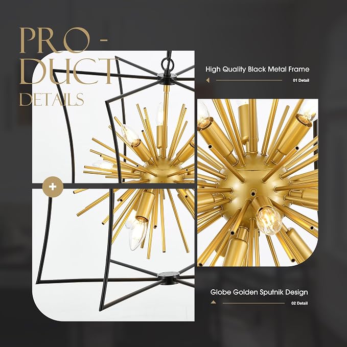 Modern 23.2" Black Gold Sputnik Chandelier for Dining Room Industrial Retro Geometric 12-Light Ceiling Pendant Light Fixture for Kitchen Island Bedroom Living Room Hallway Entryway Foyer - Image 8