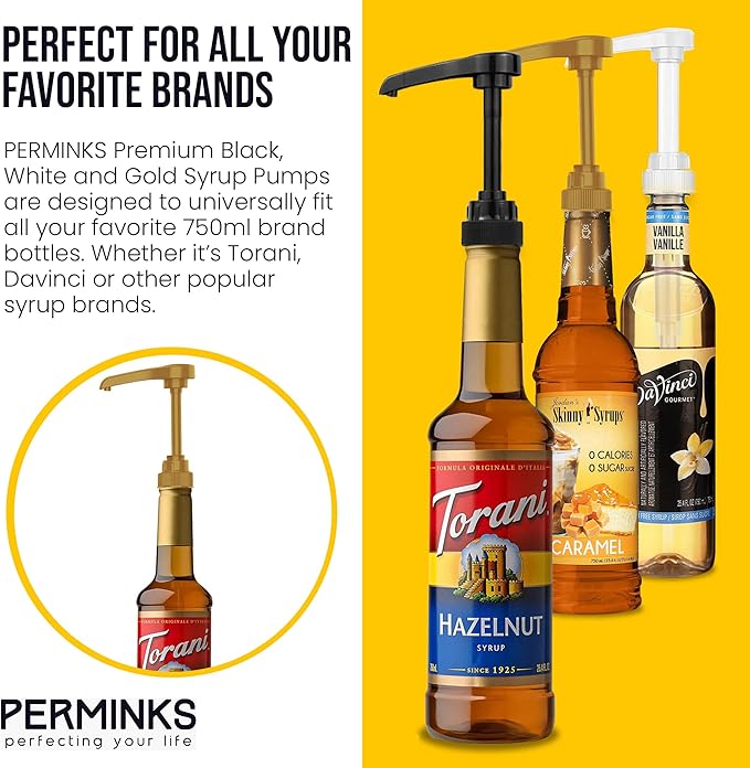 Premium Syrup Pump Compatible w/Torani 750 ml Bottle, Davinci Syrups - No Spill, No Clog Syrup Pump Dispenser for Vanilla, Snow Cone, Coffee Flavoring & More (Pack of 6, Black, White & Gold)
