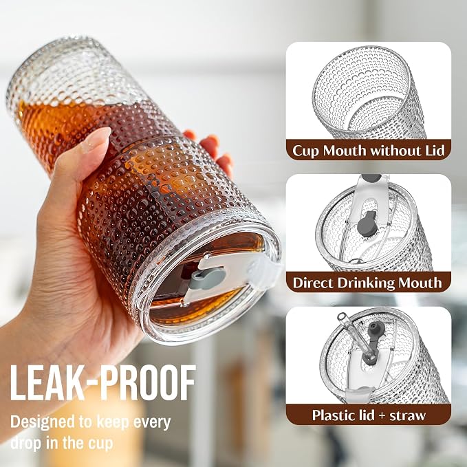 SoulTimes 20oz Hobnail Glass Tumbler with Bamboo Lids and Straws - Iced Coffee Glass Cups for Smoothie, Matcha, Juice, Water etc. Leakproof and Reusable Glassware Drinking for Travel To Go [2 Pcs] - Image 5