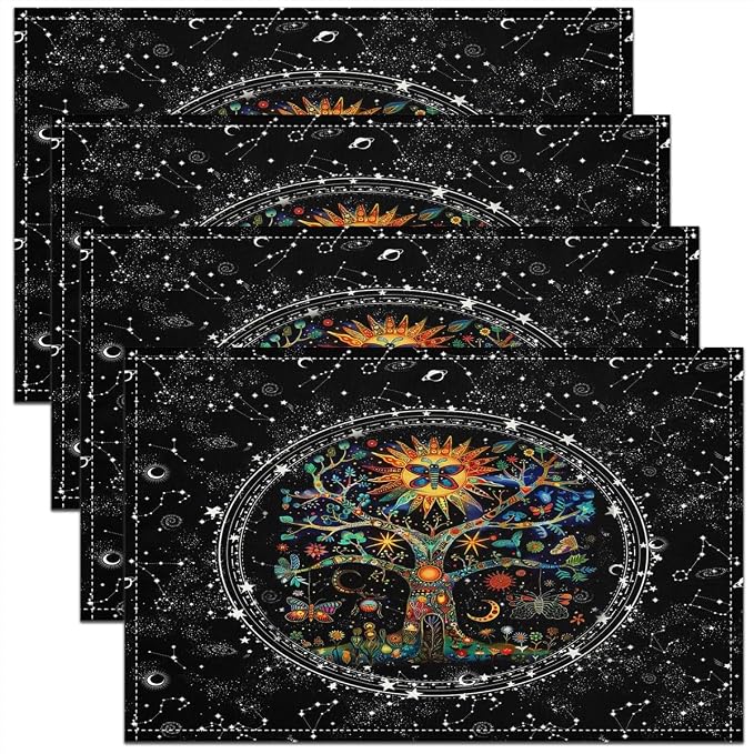 Feelyou Boho Exotic Tree Table Place Mats, Set Bohemian Life Tree Placemats Set of 4 Sun Moon Placemat for Kitchen Dining Table Decor Indoor Outdoor for Women Men Galaxy Astrology Space 18"x12" by Feelyou