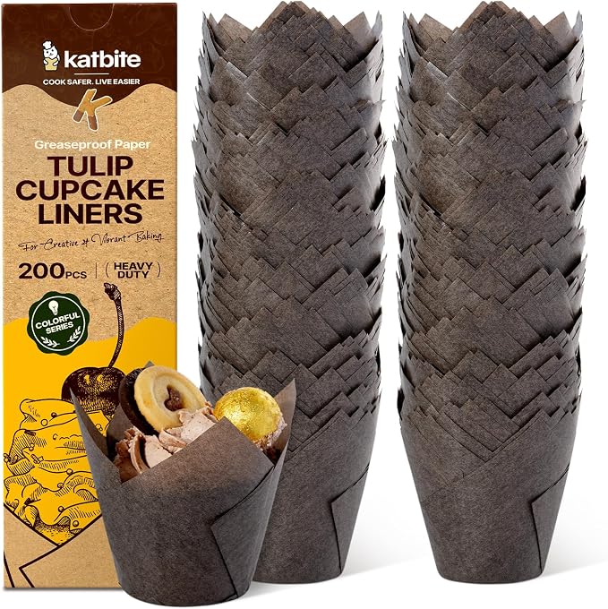 Katbite Tulip Cupcake Liners 200PCS, Muffin Baking Cups Holders, Coffee | Cupcake Wrapper for Party, Wedding, Birthday, Greaseproof Baking Cups Holders for Home Muffin Making, Food Grade Paper by katbite