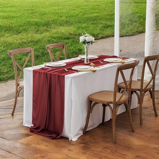 Pack of 12 | Maroon | 10ft Chiffon Table Runner 29x120 Inches Long Romantic Rustic Sheer Gauze Runner for Wedding Bridal Shower Birthday Banquets Engagement Spring Easter Boho Decorations - Image 6