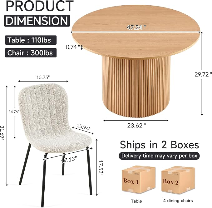 5 Piece Round Dining Table Set for 4, Mid Century Modern Wooden Kitchen Table and Chairs, Space-Saving Small Dinette Set (47 Inch Oak Table+4 White Chairs) - Image 2