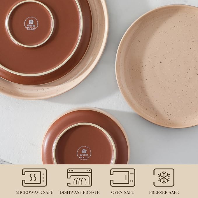 MALACASA Plates and Bowls Sets, 12 Pieces Modern Stoneware Dinnerware Set for 4 Kitchen Dinner Set Ceramic Dishware Dishes Set Microwave and Dishwasher Safe, Pink, Series TARA - Image 4