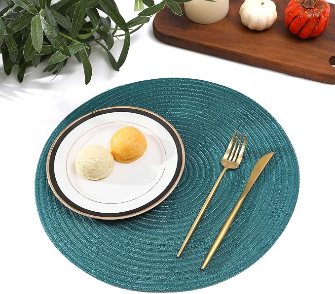 SHACOS Round Placemats Set of 6 Washable 15 inch Round Table Mats Cotton Polyester Woven Braided Place Mats for Dining Table, Teal Green - Image 8